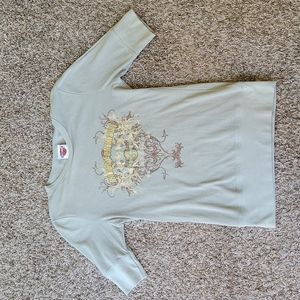 Harley Davidsons women's light green half long half short sleeve shirt.